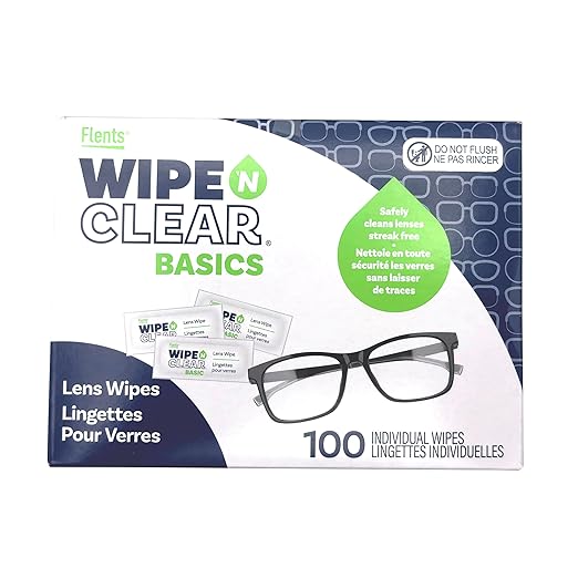 Flents Lens Wipes, Wipe 'N Clear Basic, 100 Count, Pre-Moistened, Streak-Free, Safe for Glasses, Sunglasses, Gentle Cleaning, Clear Vision, Streak-Free, Individually Wrapped for Travel & Convenience