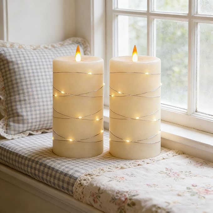 HaitanghuaRechargeable Flameless Candles, LED Candles, Candles with Remote and Timers, Real Wax Pillar Candles, with Flickering Embedded Star String，Ivory White, Set of 2