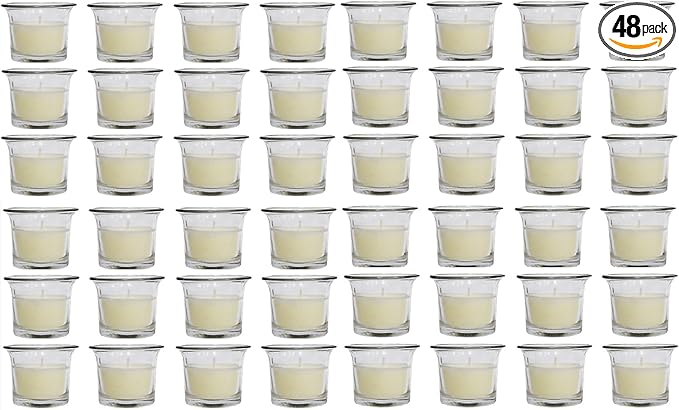 HOSLEY Oyster Cup Clear Glass Filled Candles 48 Pack Ivory Hand Poured Unscented Wax Candles for Home Restaurants Shabbat Church Weddings Romantic Moments Party Spa Meditation