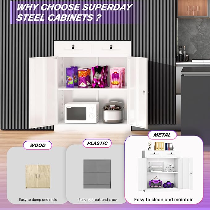 Superday Lockable Storage Cabinet with 2 Drawers, 36" Metal Storage Cabinets with Locking Doors and Adjustable Shelves, White Metal Locking Cabinet for Home Office Garage School