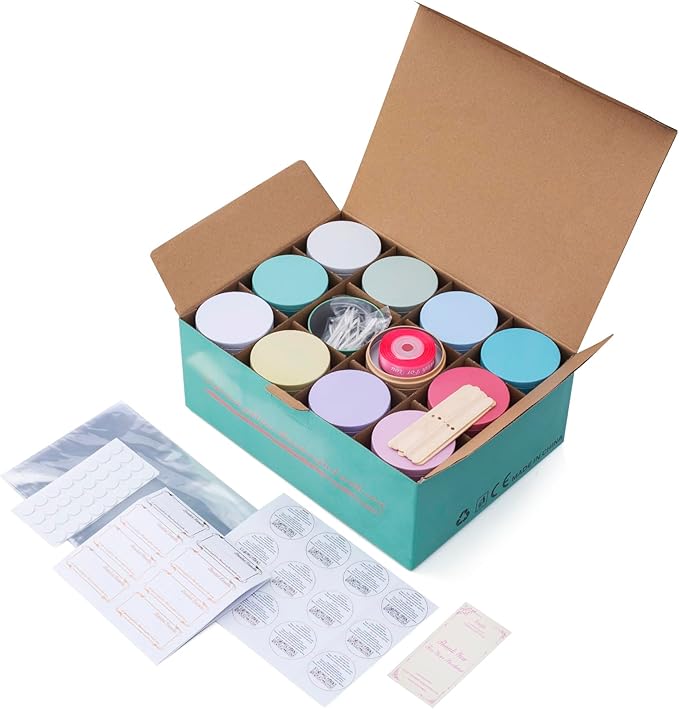 MeiGlow Empty Candle Tins for Making Candles, 24 Pack(12 Colors) 8 oz with Lids, Cotton Wicks, Wick Stickers, Holders, Labels, Pink Ribbon and Transparent Bags (8 oz)