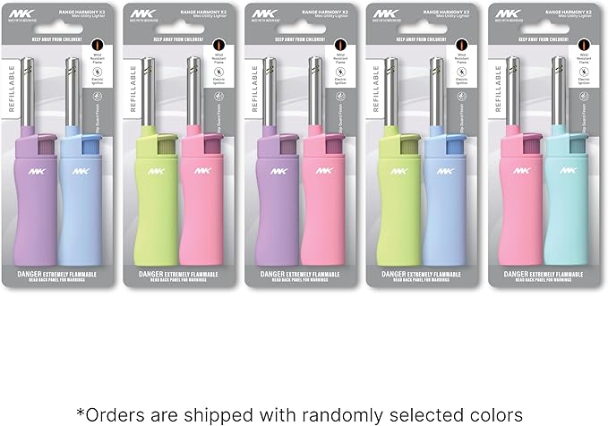 MK Lighter 4PCS Candle Lighters with Refillable, Random Colors, Windproof Flame, Ideal as Lighter for Candle, BBQ, Random Color (Harmony-4PC)