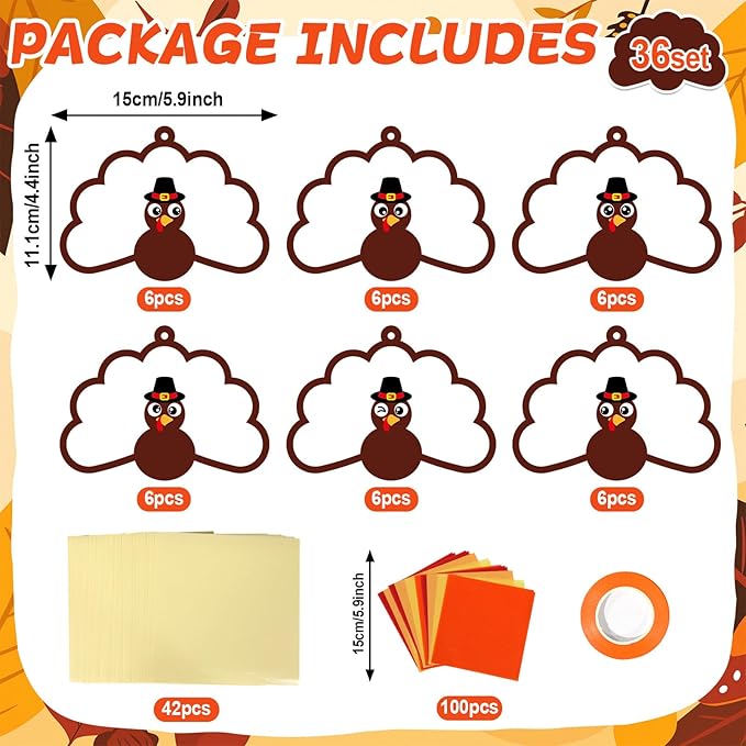Qyeahkj 36 Set Thanksgiving Turkey Suncatchers Crafts for DIY Fall Window Tissue Paper Craft Kit Autumn Hanging Decor for Harvest Home Activity Art Project Birthday Party Favor Gift
