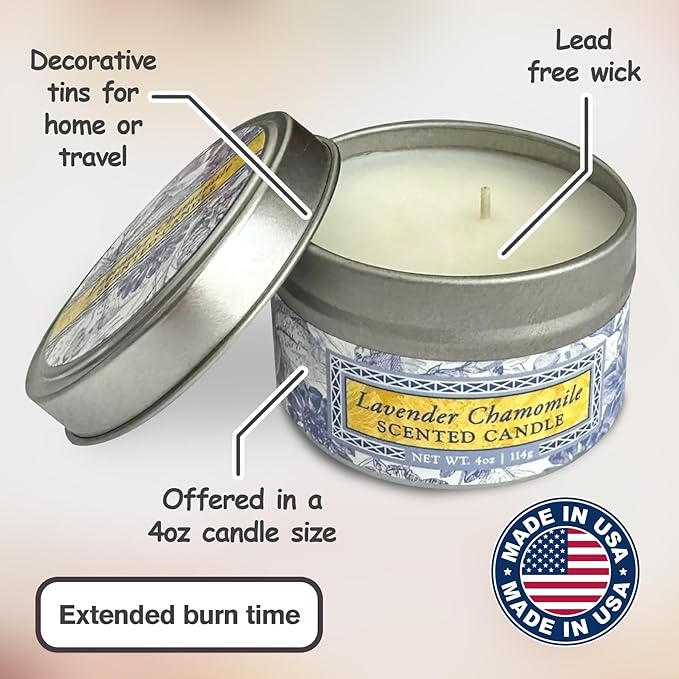 Greenwich Bay Hand-Poured Scented Candle in Decorative Tin – 4 oz/114 g Travel Candle with Lead-Free Wick, Vegetable Wax, Long-Burning Aromatherapy Gift, Single Wick – Made in USA (Lavender)