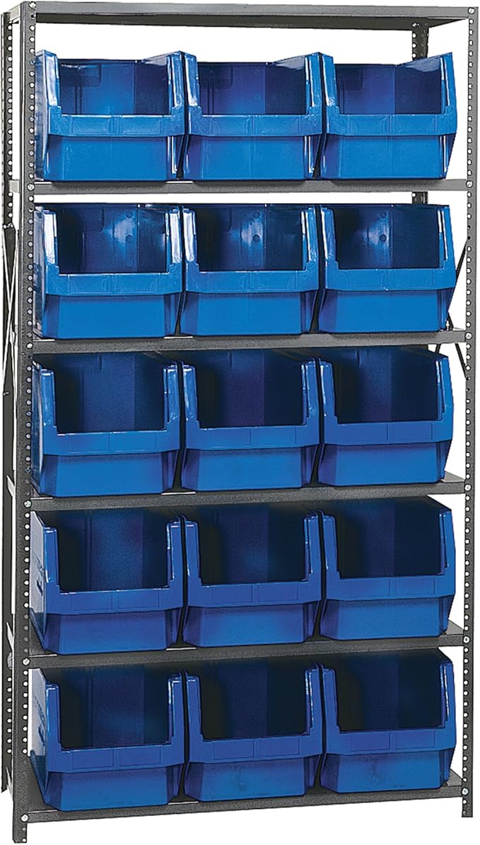 Quantum MSU-533BL Heavy-Duty Modular Magnum Steel Shelving Storage Rack Unit for Manufacturing Healthcare Distribution | (6) Shelves; (15) QMS533 Blue Bins | 42" W x 18" D x 75" H, Gray, Carbon Steel