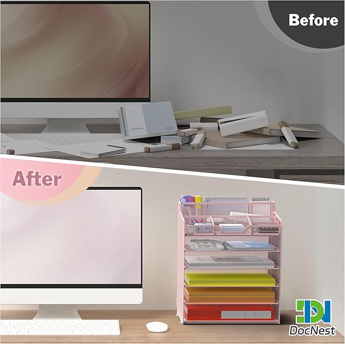 Docnest 6 Tier Mesh Desk Organizer for Paper Office Supplies – Multi-Functional Letter Tray with 5 Adjustable Compartments, 9 Pen Holders, Desktop Storage for Files, Mail, Stationery – Pink