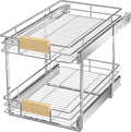 LOVMOR 2 Tier Pull Out Cabinet Organizer 13½" W x 21½" D, Slide Out Drawers with Wooden Handle, Sliding Shelves Organization and Storage for Kitchen, Pantry