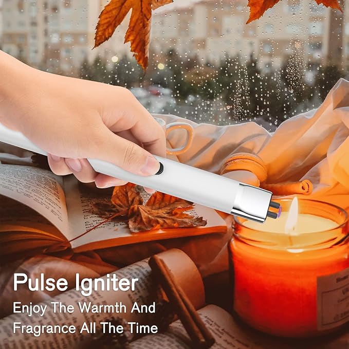 REIDEA Lighter Electronic for Candle, Windproof Flameless USB Rechargeable Arc Lighter with Safe Button and Power Indicator for Candle, BBQ, R1, White