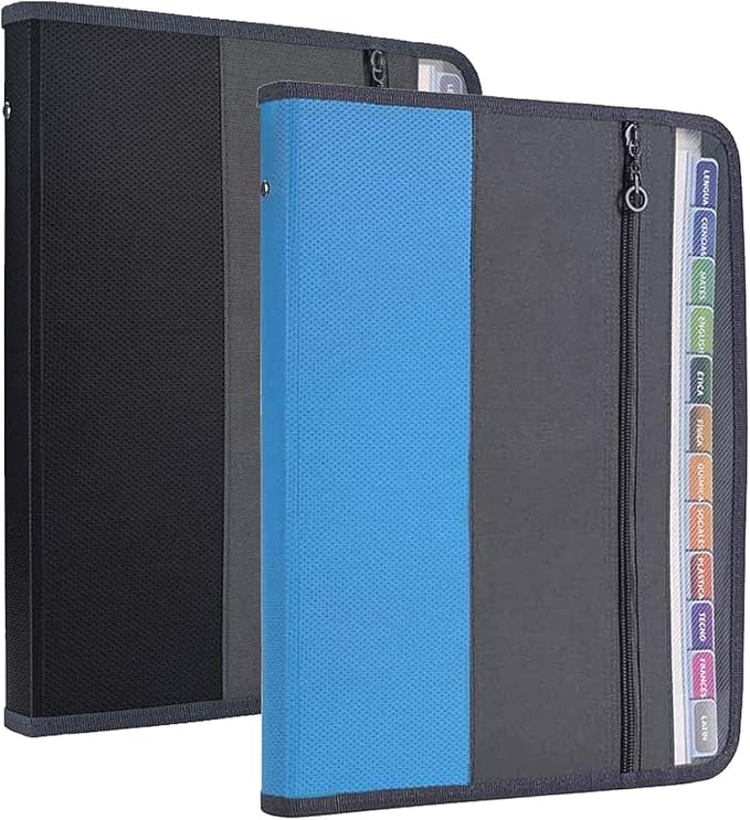 NAFY Expanding File Folders, 2Pack, 13 Pockets, A4 Letter Size, Portable Accordion, Zipper, Multicolor Labels, Office School Supplies, Black+Blue