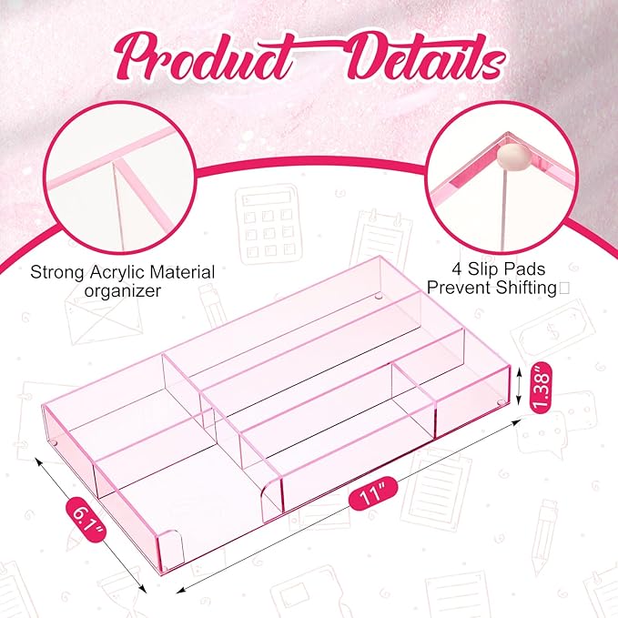 Briwooody Translucent Pink Acrylic Desk Drawer Organizer 11 x 6.1 x 1.38 Inch Storage Tray Organizer for Pens, Stationery, Desktop, Office, Bathroom, Kitchen, Makeup Supplies (6 Compartments)