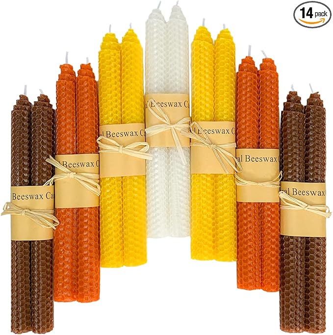 Lacaser Beeswax Taper Candles 14 Pack, 9" Long Candle Sticks, Dripless & Unscented, 4 Hours Burn Time, Fall Colored Candles