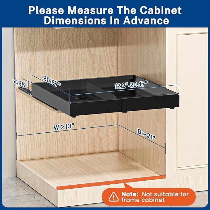 Insputer Pull Out Cabinet Organizer Expandable Width(12.2"-20.47") & 21" Deep, No Drill Adhesive Slide Out Drawers with Upgrade 3 Slide Rails, Magnetic Panel, Roll Out Shelf for Kitchen, Pantry Black
