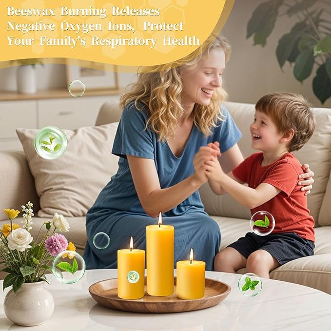Beeswax Pillar Candles Set of 3,100% Pure Beeswax Candles, 87 Hour Burn Time Bees Wax Candles for Home, Prayer, Unscented, Dripless and Smokeless Organic Pillar Candles,2x2in,2x3in,1.89x4in