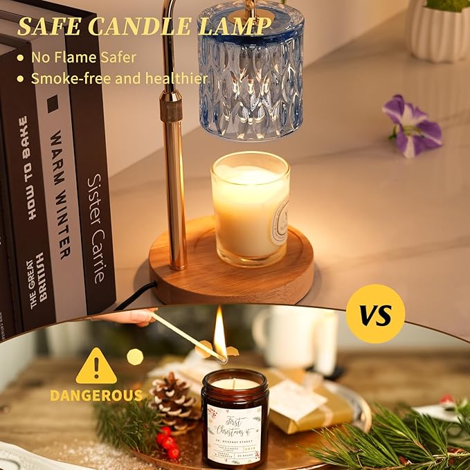 HAIDOLIANG Candle Warmer Lamp with Timer and Dimmer, Height and Brightness Adjustable,Glass Electric Wax Warmer with 2 Bulbs for Women Mom Gifts, Home Decor for Scented Jar Candles (Blue)