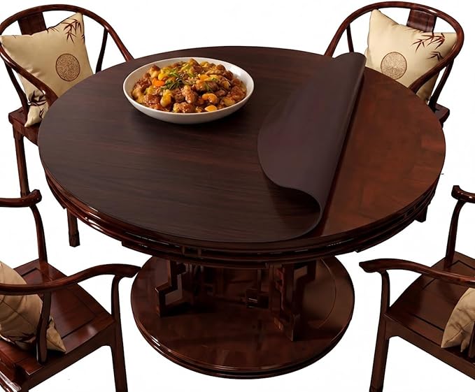 Wood Grain Round Table Protector 48/52/42/54/36 inch, Waterproof PU Leather Table Mat, Heat Resistant Circular Dining Table Pad for Kitchen, Coffee Table, Office Desk,(Coffee,35in)