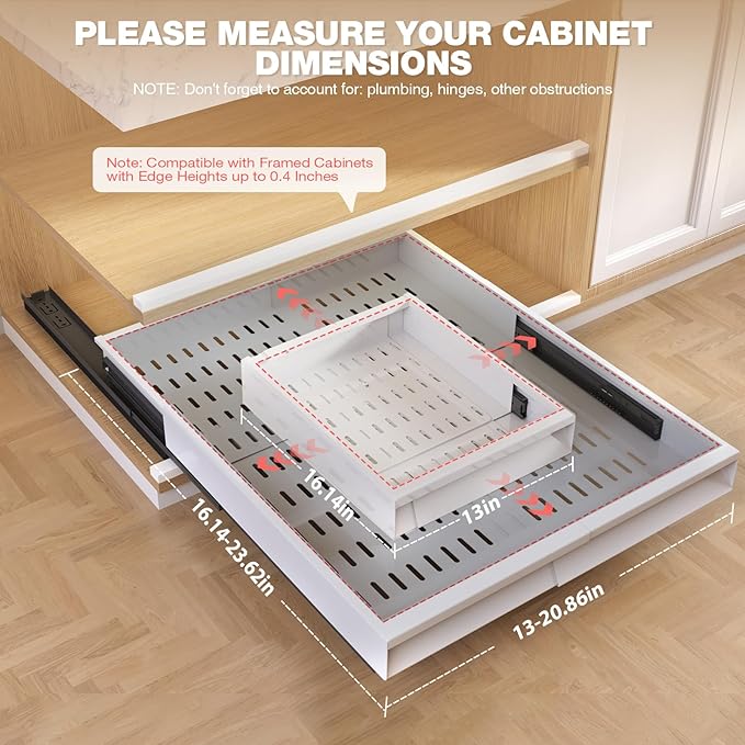 4 Pack Pull Out Cabinet Organizer With Raising Pad for Framed Cabinets,Expandable Width (13"-21") and Depth (17"-24"),3 Slide Rails Slide Out Drawers with Handle,No-Drill Roll Out Shelf,White