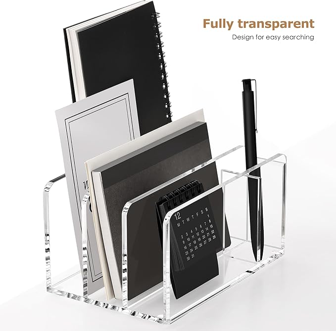 SANRUI Acrylic Mail Organizer, 3 Compartments Clear File Holder for Desk, Letter Sorter with Pen Holder, Countertop Document Sorter for Notebooks, Bills & Eyeshadow Palettes