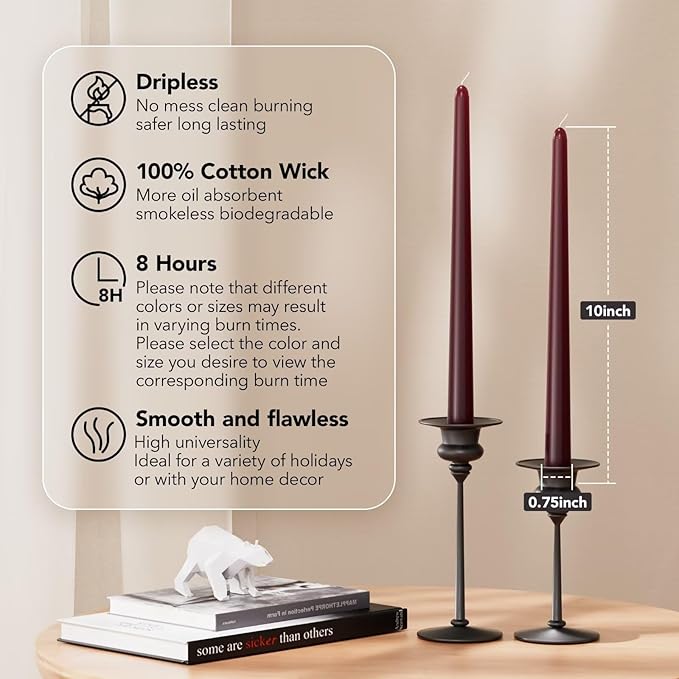 10-Inch Tall Dripless Taper Candles Set of 4 - Burgundy Tapered Candles, Perfect for Wedding,Dinner - Smokeless, Unscented, Long Burning - Hand Poured, Colored Tall Candlesticks - Borgoña