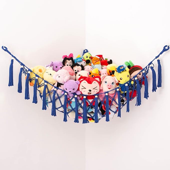 MAKEONEWO Stuffed Animal Toy Hammock Hanging-Handmade Large Blue Macrame Organizer Display Corner Plush Toys Net Holder for Boho Nursery Playroom Boy Bedroom Kids Room Storage Dark, 1 Pack