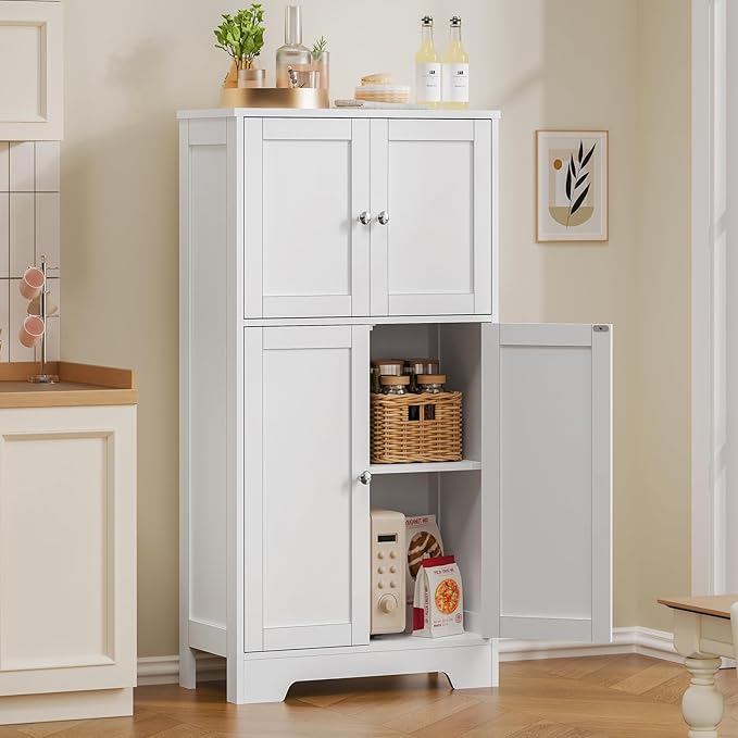 TEENFON Bathroom Floor Storage Cabinet, Freestanding Bathroom Storage Unit with 2 Adjustable Shelves & 4 Doors, White