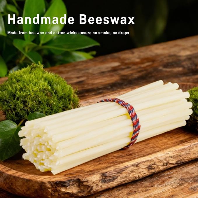 Pure Beeswax Candles, 7.3" Decorative Thin Taper Candles,Honey Scented, Dripless, Smokeless, 40min Burn Time for Birthday, Dinner, Prayer, Church, Hanukkah, Christmas (White, 50 pcs)