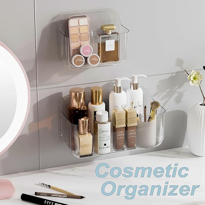 ZEXALOR Wall Mounted Storage Organizer Bins Organizing Shelf Basket Clear Plastic Makeup Organizer Adhesive Hanging Bin Fridge Organizer for Bathroom,Kitchen,Cabinet,Pantry,Countertops (XL+L)