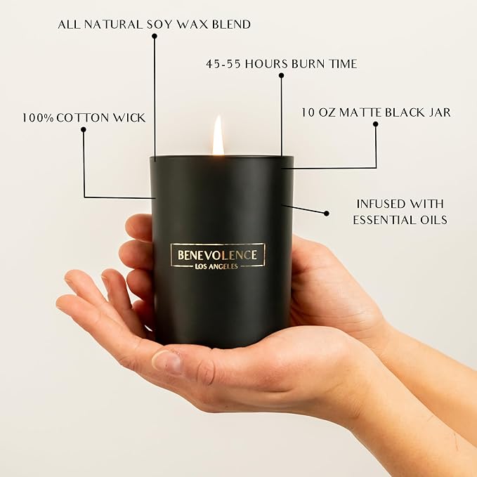 Benevolence LA Santal Scented Candle | Soy Christmas Candles, Black Candle for Home | Holiday Candles Gifts for Women and Men | Home Fragrance | Aromatherapy | Bathroom Freshener | 10oz