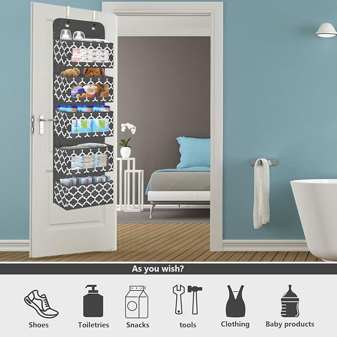 Over The Door Hanging Organizer with 5 Large Pockets - Wall Mount Pantry Storage with Clear PVC Window & 2 Big Metal Hooks for Closet,Bathroom,Nursery,Bedroom,Dorm,Baby Diapers,Kids Toys (Dark Gray)
