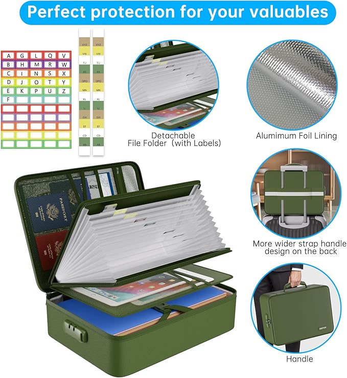 ENGPOW 5200℉ Fireproof File Organizer Bag with 13 Pocket Accordion File Folder,Document Organizer Box with Lock&Labels,Multi-Layer Portable Home Travel Safe Storage for Important Documents,Green