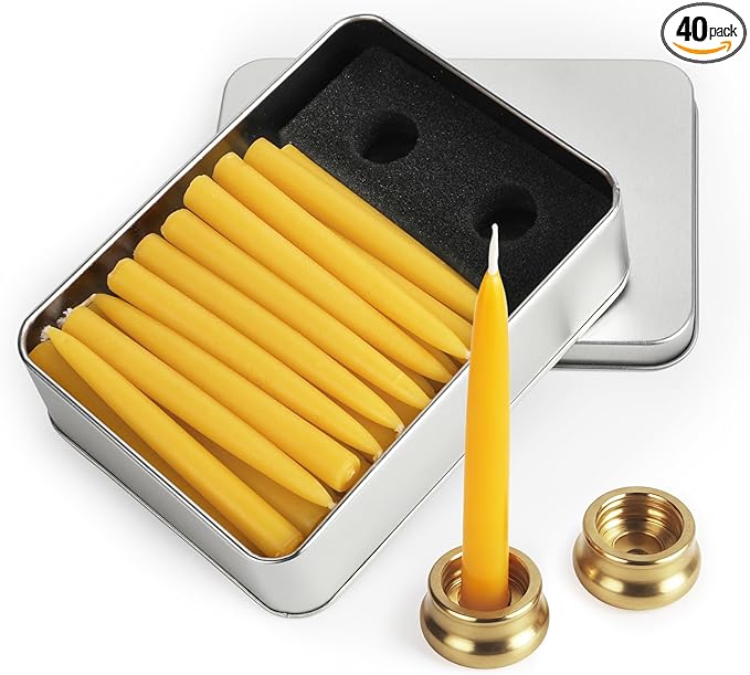 40 PCS 30 Minute Beeswax Taper Candles Natural Smokeless Mini Pure Beeswax Candles with Brass Candle Holders for Home Meditation Prayer