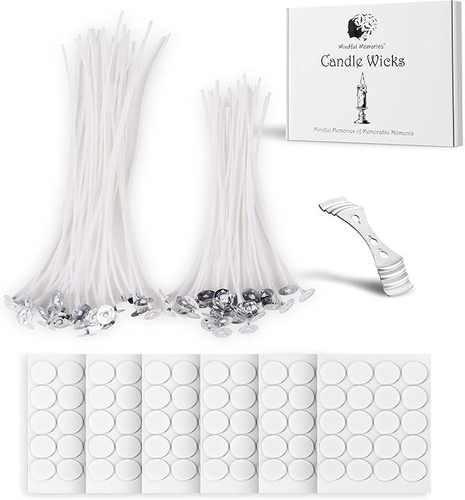Candle Wicks 90 Pcs (4 inch, 6 inch, 8 inch) with 2 Candle Wick Holders & 90 Wick Tab Stickers, Long Lasting Pre-Waxed & Tabbed Cotton Threads with No Black Smoke for DIY Crafts