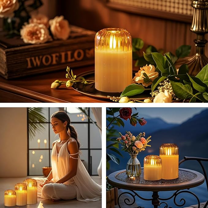 Rechargeable Jar Flameless Candle, Flashing LED Pillar Christmas Candle with Remote Control and Timer, Gold Pumpkin Glass Electronic Candles for Room Decoration, 1 Set of 3