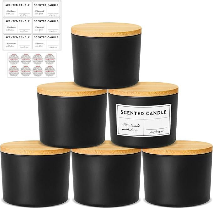 SUPMIND 16oz Candle Jars 6 Pack, 3 Wick Matt Black Glass Empty Candle Jars with Bamboo Lids for Candle Making, Large Wide Mouth Candle Container Bulk for 12/13/14/15oz Candles, with Stickers and Label