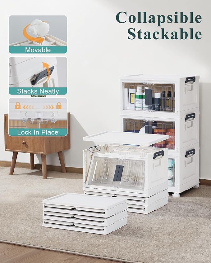 OlarHike 23QT Stackable Storage Bins with Lids - Folding Storage Box with Doors and Wheels, Collapsible Plastic Storage Bins for Closets and Organization, Bathroom, Office, Gifts, 3 Pack Cubes