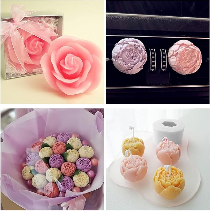 Flower Candle Resin Mold,Silicone Flower Mold for Candle Making 6Pcs 3D Rose Peony Valentine Mother Day Silicone Candle Mold for Soap Soy Wax Beeswax Resin Craft