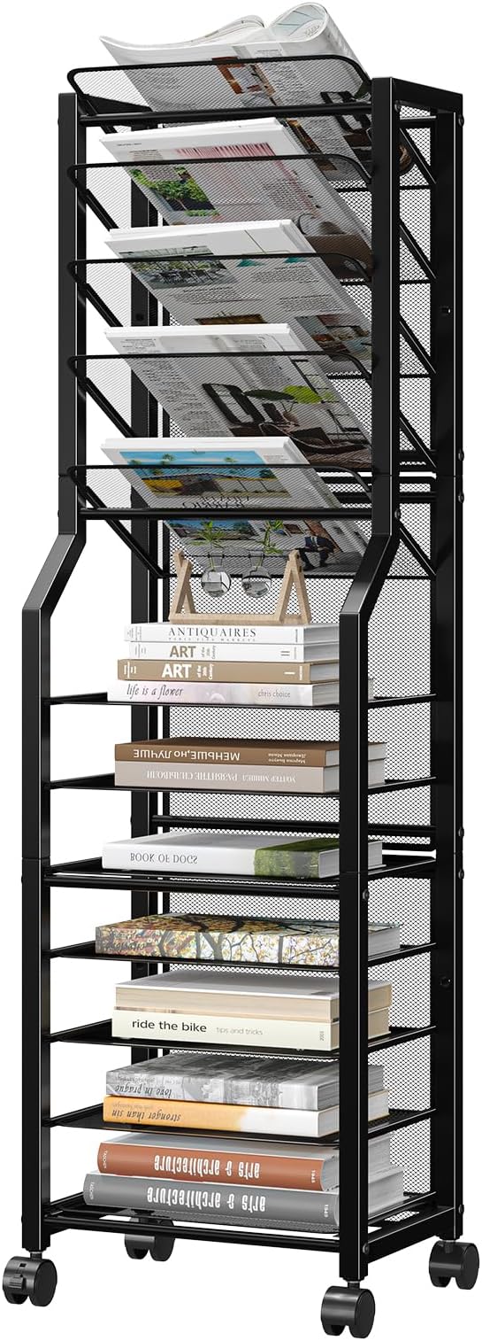 Simple Trending 12 Tier Rolling File Cart,Desk File Organizer with Sliding Trays and Wetal Mesh Paper Letter Storage Multi Functional Rolling Clutter Cart for Office, Home, School, Black