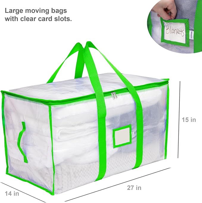 Storage and Moving Bags - Heavy Duty, Dust Protection and Water Resistant, Durable Zipper Closure and Sturdy Handles Best Moving Boxes Alternative (Green, 6 Pack)