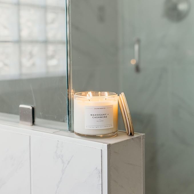 Calyan Wax Co. Mahogany & Cashmere 3 Wick Scented Candle - 43 Hour Burn - Luxury 3 Wick Soy Candles - Non Toxic Soy Wax Candles - Long Lasting Large Glass Jar Candle for Home - 14.9oz