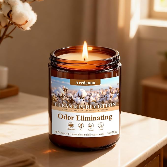 Clean & Pure Cotton Odor Eliminating Candles | Eliminates 95% of Pet, Smoke & Bathroom Odors – 7 oz Hand Poured Non-Toxic Soy Candle - Fresh Air Scented Candle Gentle for Pet - Gifts for Families