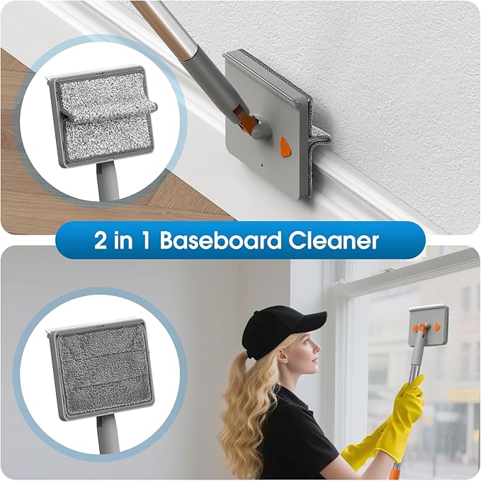 Extendable Cleaner for Ceiling Fan and Baseboards Cleaner Tool- 79” Adjustable Cleaning Kit with 9 Reusable Pads, Ceiling Fan Blade Cleaner Duster Set with Long Handle, Wall, Floor, Windows