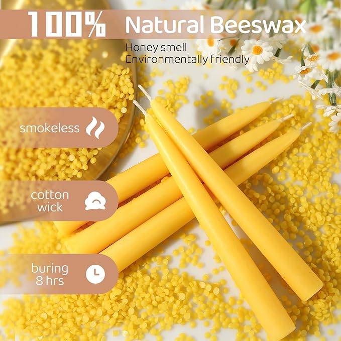18 Pack Beeswax Taper Candles, 8 in Dripless Pure Beeswax Candle Sticks,8 Hours Long Burning Natural Bees Wax Candles for Home,Unscented Smokeless Tapered Candlesticks for Dinner