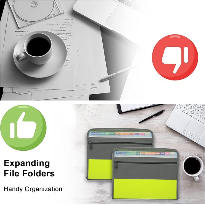 NAFY Expanding File Folders, 2Pack 13 Pockets Document Organizer with Zipper, A4 Letter Size Portable Accordion Expanding File Folders with Multicolor Labels for Office School Supplies (Black+Green)