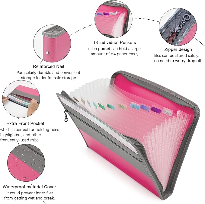 NAFY Expanding File Folder, 13 Pockets Document Organizer with Zipper, A4 Letter Size Portable Accordion Expanding File Folders with 27pcs Multicolor Labels for Home Office School Supplies (Pink)