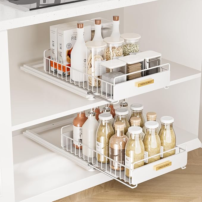 Pull Out Cabinet Organizer,Under Sink Organizer and Storage, Metal Slide Out Drawers for Cabinets, Multi-Purpose Storage Shelf for Kitchen, Cupboard, Bathroom 2 Pack White