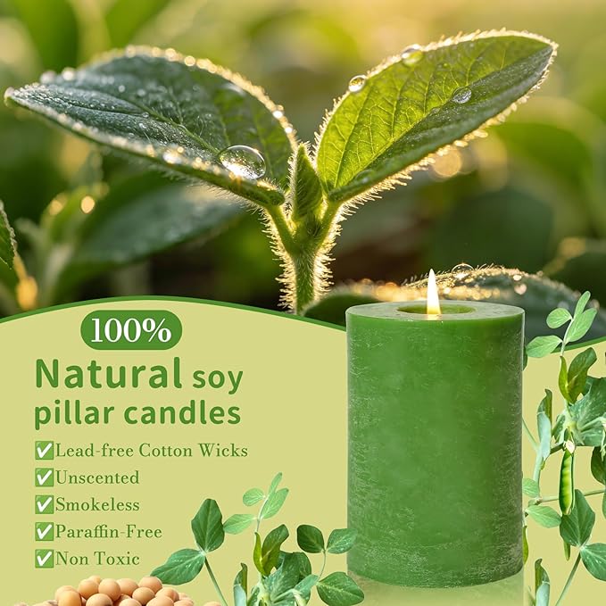 6 Pack Moss Green Soy Pillar Candles,Natural Soybean Pillar Candles,330 H Long Lasting Burning-Unscented,Dripless and Smokeless Rustic Hand-Poured Candles Dinner Table,for Wedding,2.8x4in