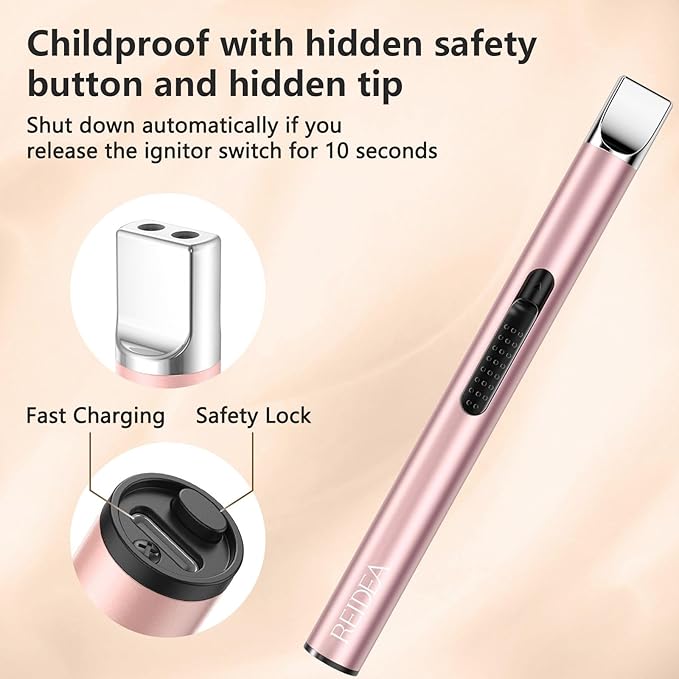 REIDEA Candle Lighter Long USB Rechargeable Arc Windproof Flameless with Safety Switch Buttom for Home Kitchen BBQ Camping Stove