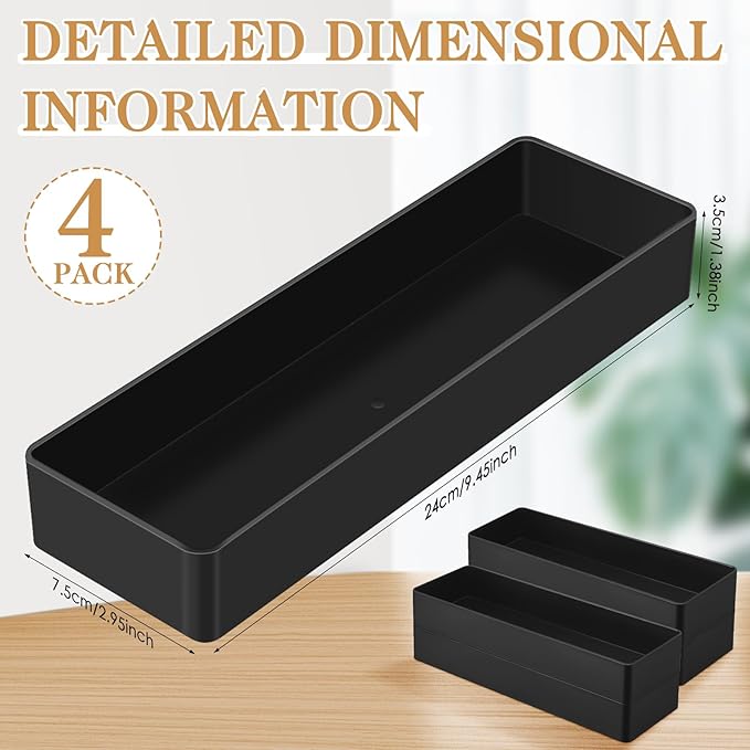 Teling Large Rectangular Desk Organizer Set, Half Accessory Tray, Plastic Tabletop Organizer for Office, Home, or Study, Dimensions: 9.45 x 2.95 x 1.38 Inches(4 Pcs,Black)