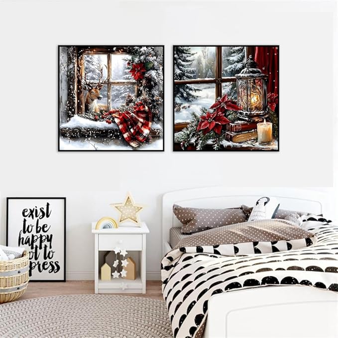 NEGEKFKX 2 Pack Christmas Paint by Numbers Kit for Adults Beginner with Framed,Deer Easy Adult Paint by Number Kits on Canvas DIY Painting for Beginners Art by Numbers for Home Wall Decor 10x10Inch