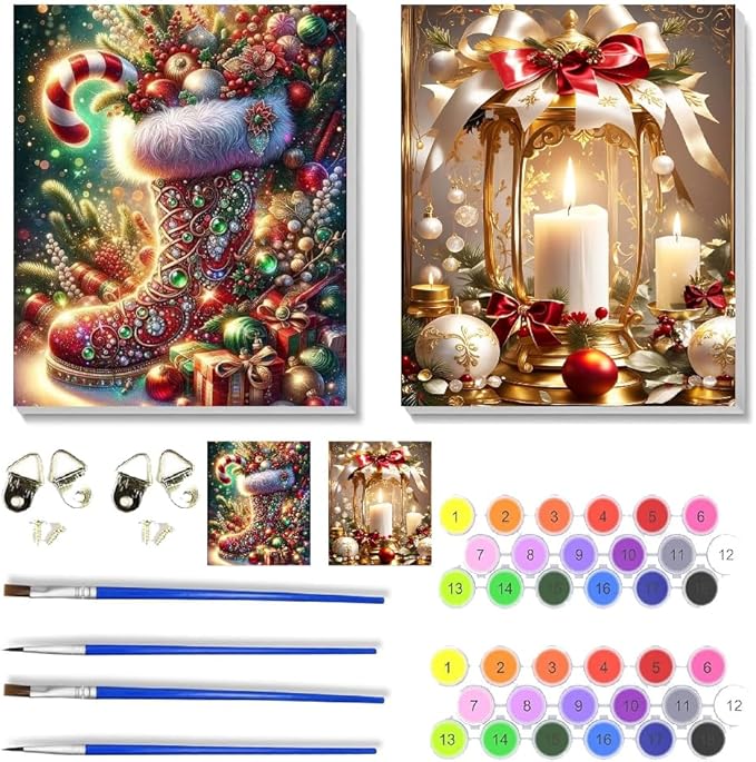 2 pack Christmas Boots Paint by Numbers Kit for Adults Beginner With Framed,Candle Easy Adult Paint by Number Kits on Canvas DIY Painting for Beginners Art by Numbers for Home Wall Decor 10x12 Inch