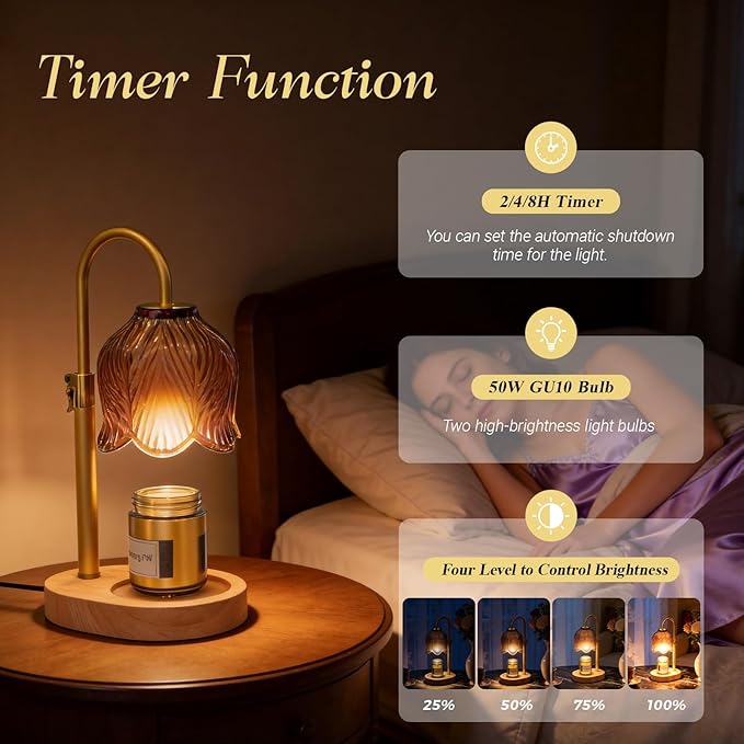 Candle Warmer Lamp with Adjustable Height - Flameless 4-Level Dimmable Wax Warmer, Timer Function & Stylish Design in Multiple Colors (Brown Wooden Base)